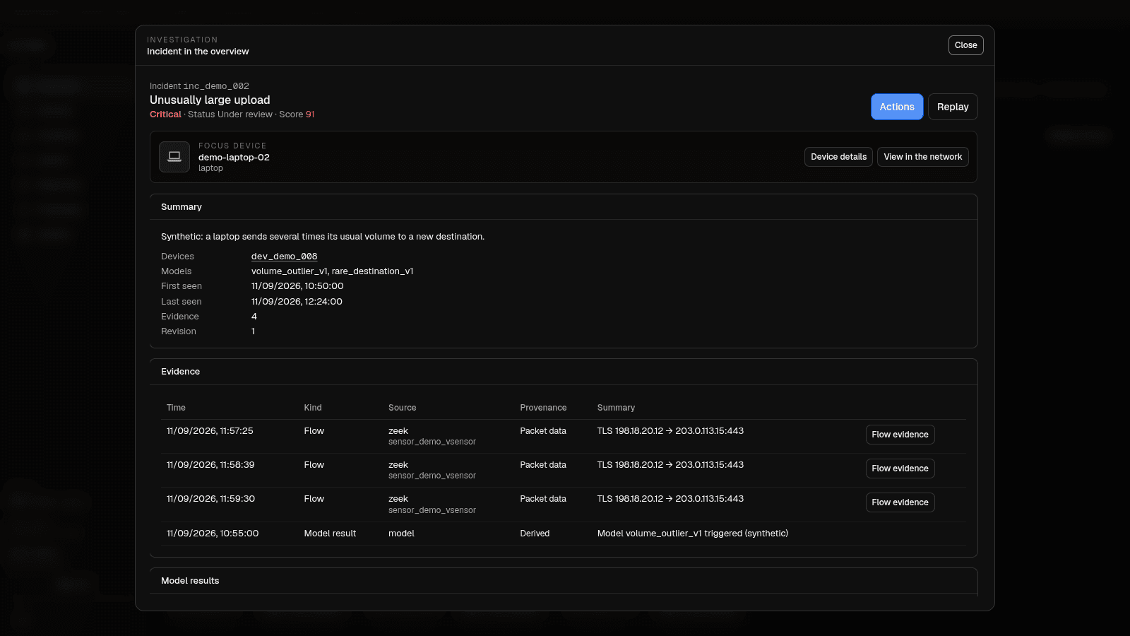 Nyxtrace incident investigation dialog with a timeline, the involved devices and the underlying records